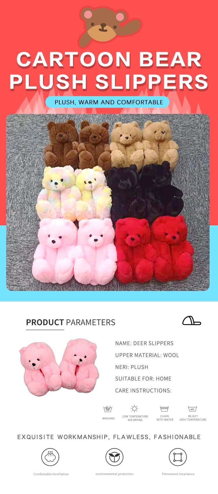 Multi Colors Furry Women Teddy Fit Size Kid Bear Slippers